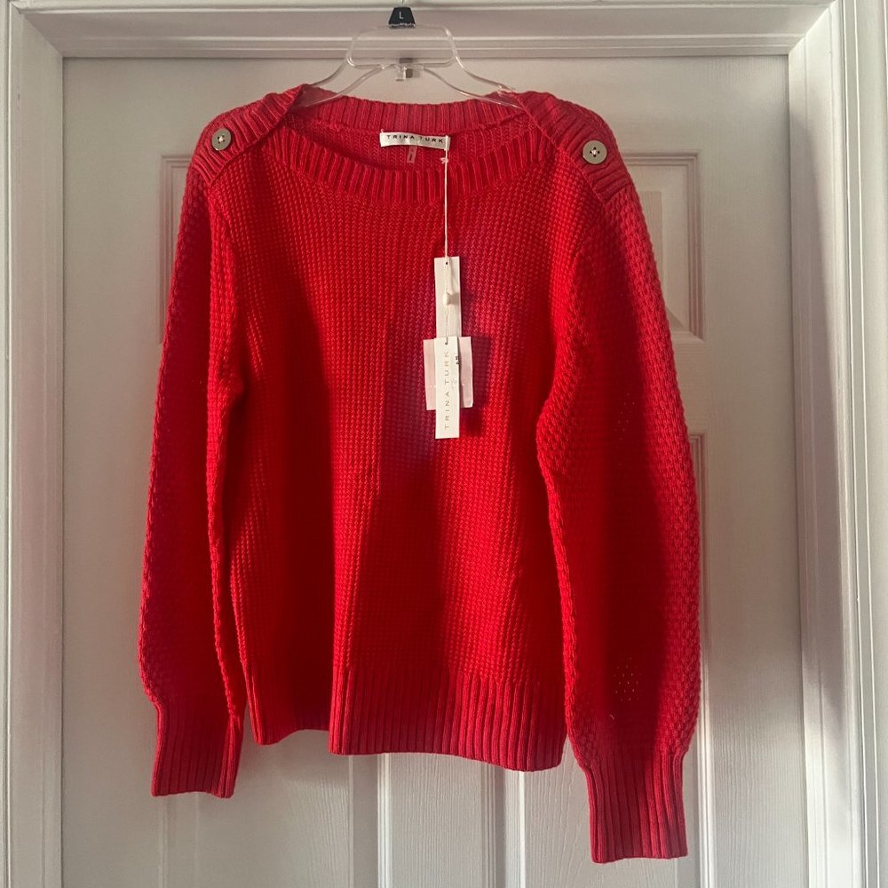 Trina Turk red open knit wool boat neck sweater - L